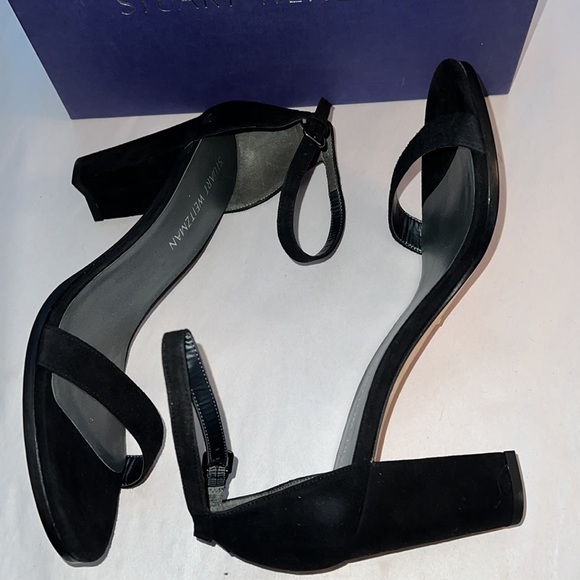 Stuart Weitzman NearlyNude Black suede ankle strap block heel sandals Sz 10.5 - Picture 10 of 16